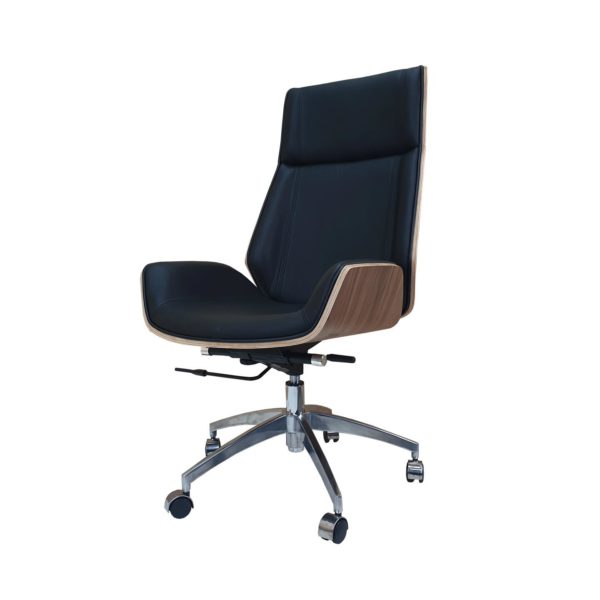 Designer High Back Office Chair Walnut wood - Black Leather