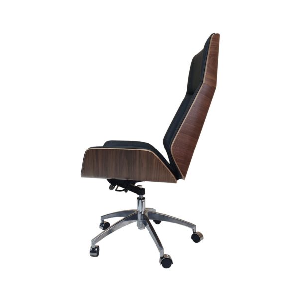 Designer High Back Office Chair Walnut wood - Black Leather